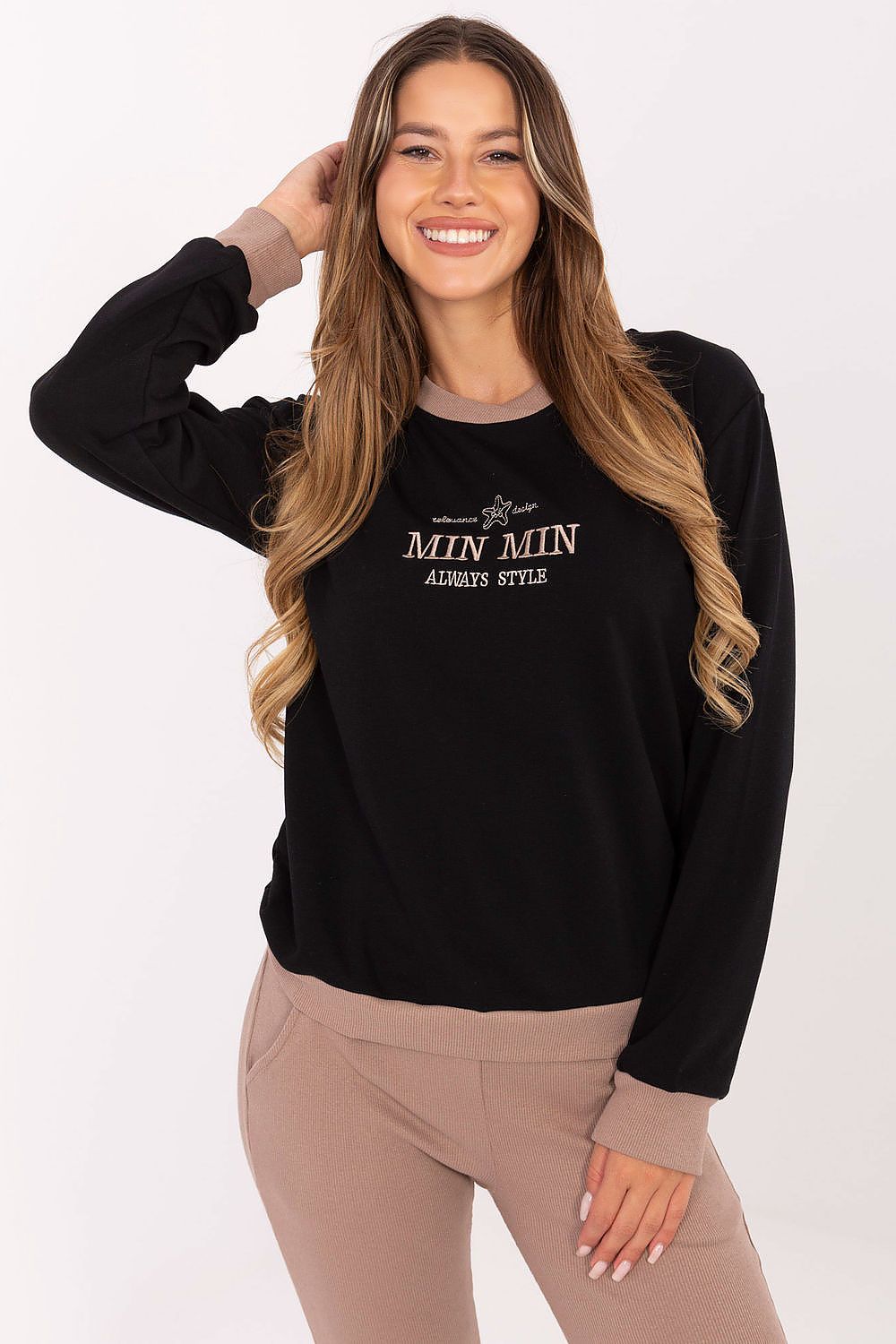 Elegant casual women's sweatshirt by Relevance featuring subtle embroidery, crafted from a soft cotton-polyester blend, perfect for everyday luxury wear.