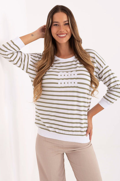 Luxury women's casual blouse in soft micromodal by Relevance, featuring elegant elbow-length sleeves and a chic striped pattern, designed for a perfect fit and comfort.