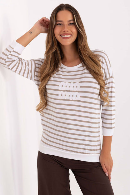 Trendy Relevance women's blouse made from high-quality micromodal with elbow-length sleeves, displaying a sophisticated striped design.