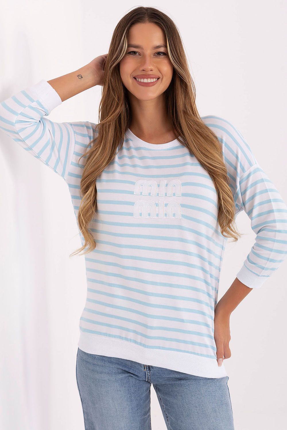 Elegant Women's Casual Blouse from Relevance in soft micromodal, showcasing a chic striped pattern with elbow-length sleeves.