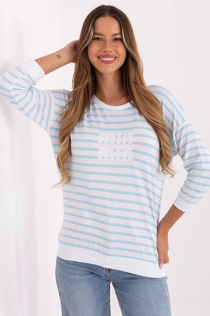 Elegant Women's Casual Blouse from Relevance in soft micromodal, showcasing a chic striped pattern with elbow-length sleeves.