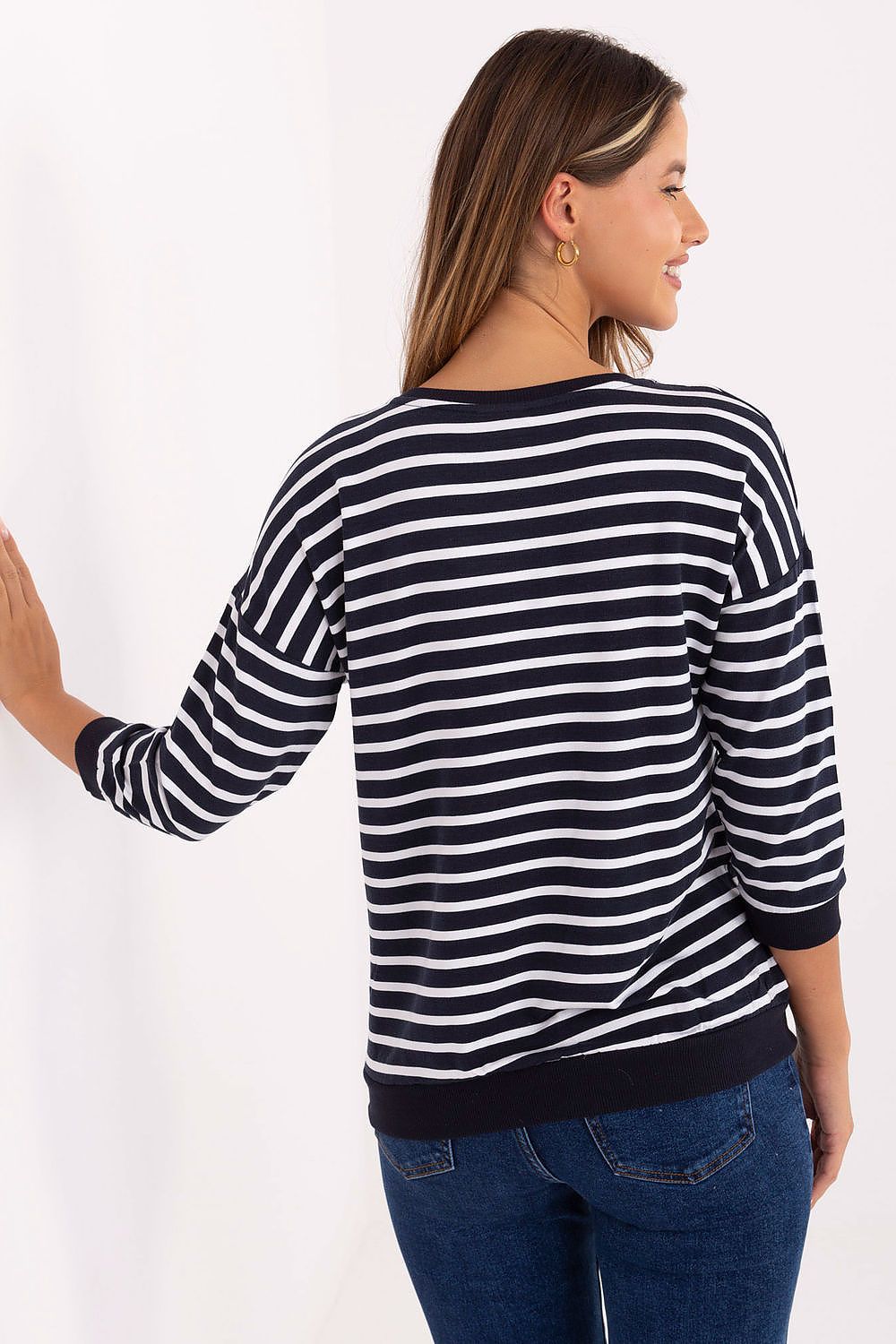 Elegant Women's Casual Blouse by Relevance, crafted from soft micromodal with elbow-length sleeves and a sophisticated striped pattern, designed for comfort and style.