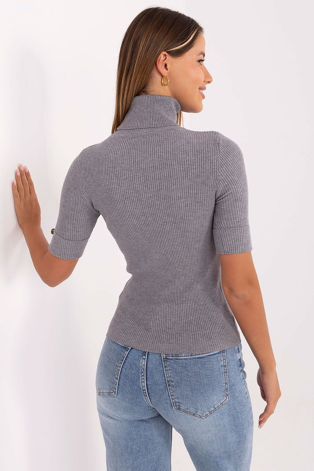 Chic women's short sleeve sweater by Factory Price, featuring a refined turtleneck and perfect for both casual and business attire.