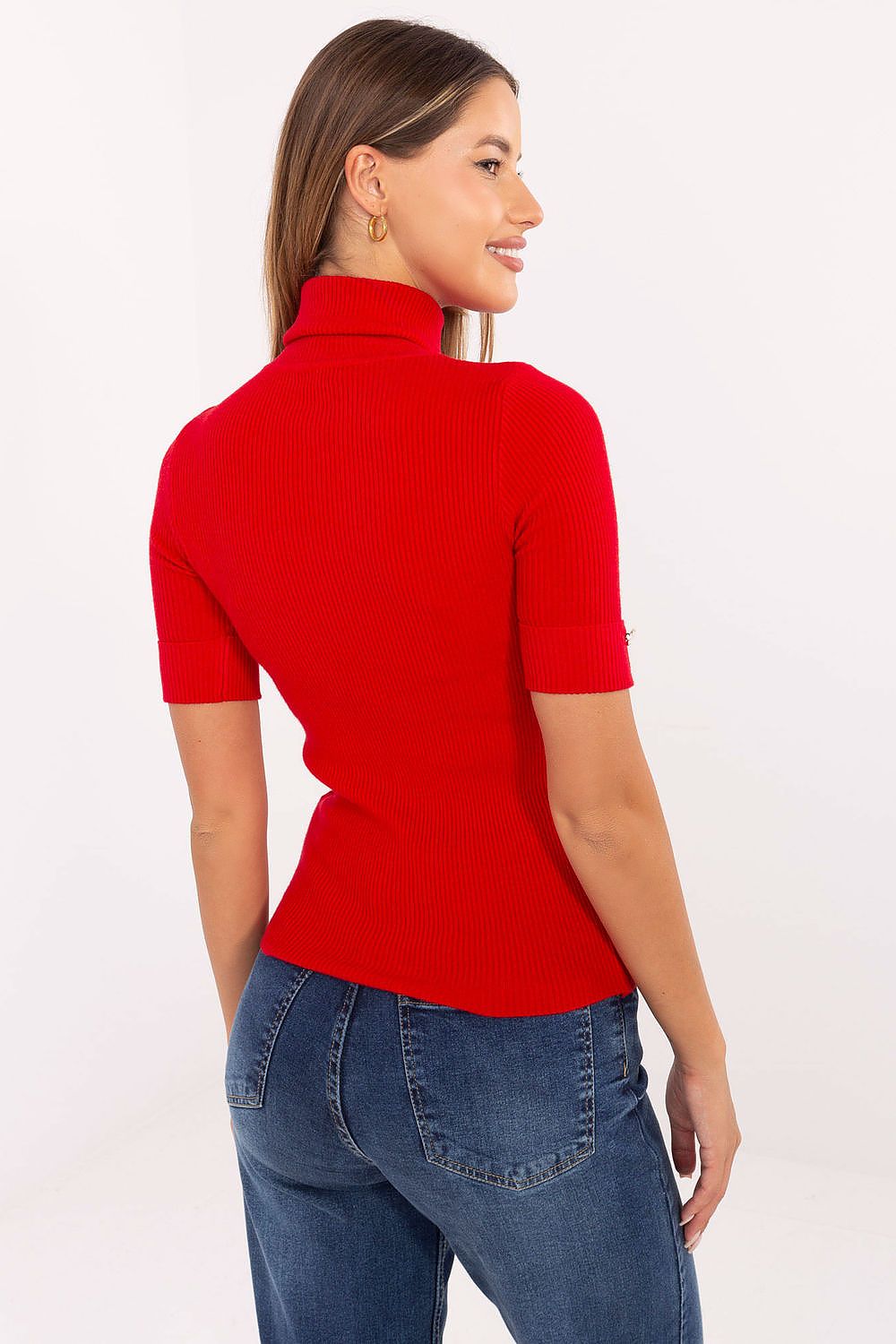 Elegant women's short sleeve sweater with turtleneck, made from a luxurious viscose blend by Factory Price, perfect for both formal and casual styles.