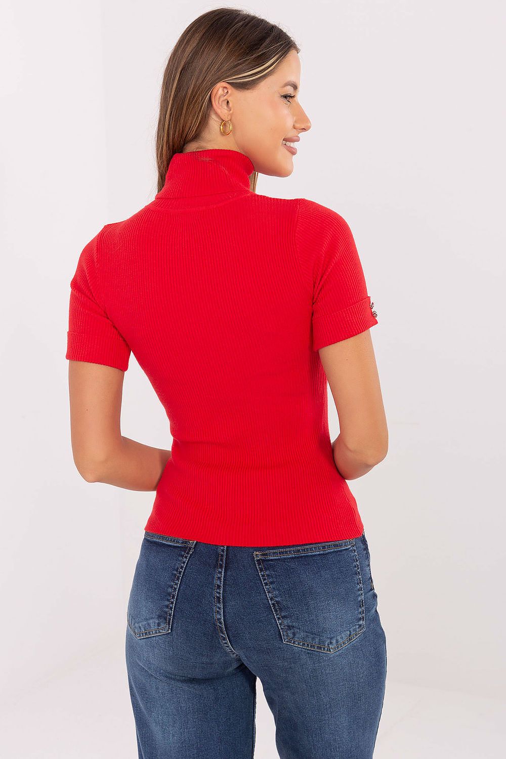 Elegant women's short sleeve turtleneck sweater with decorative buttons by Factory Price, crafted from a premium viscose-polyamide-polyester blend.