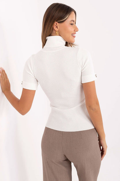 Chic women's sweater showcasing a refined neckline and fashionable button accents, created by Factory Price for a contemporary look.