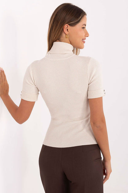 Luxury women's turtleneck sweater in a stretchy blend, featuring decorative buttons on the sleeves, by Factory Price, perfect for stylish business or casual attire.