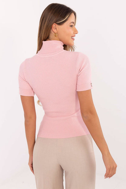 Refined women's short sleeve turtleneck sweater with a classic ribbed design and button accents, size EU 0, by Factory Price, blending elegance with comfort.