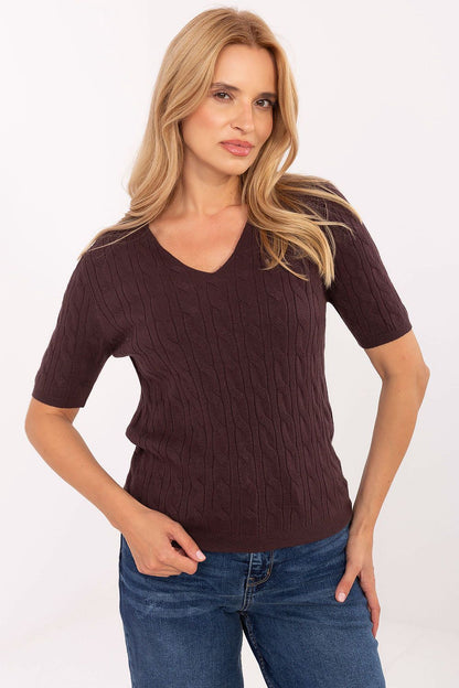 Elegant short sleeve V-neck sweater for women by Factory Price, crafted from a soft blend of viscose, polyester, and polyamide, ideal for casual and work attire.