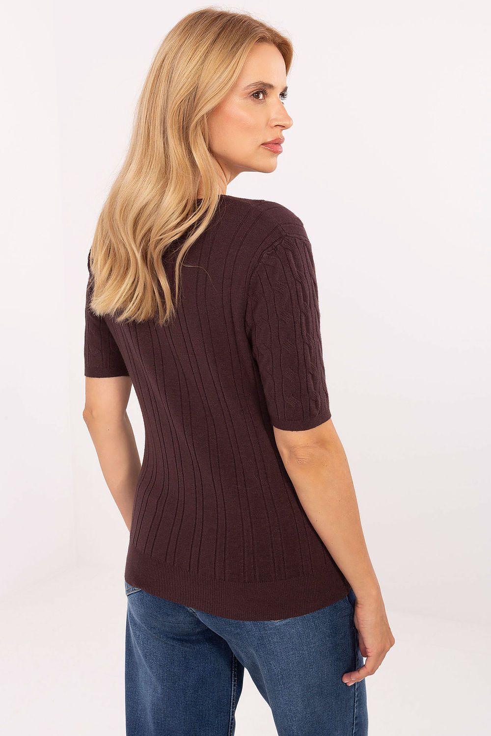 Stylish short sleeve V-neck sweater designed for women by Factory Price, showcasing a unique texture perfect for both casual and business looks.