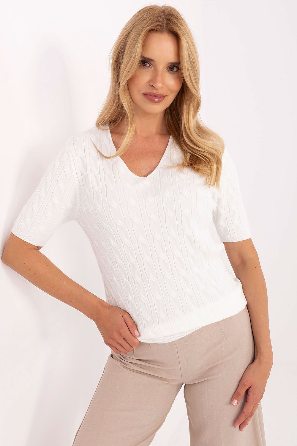 Luxurious V-neck sweater for women by Factory Price featuring short sleeves and a sophisticated blend of viscose, polyester, and polyamide.