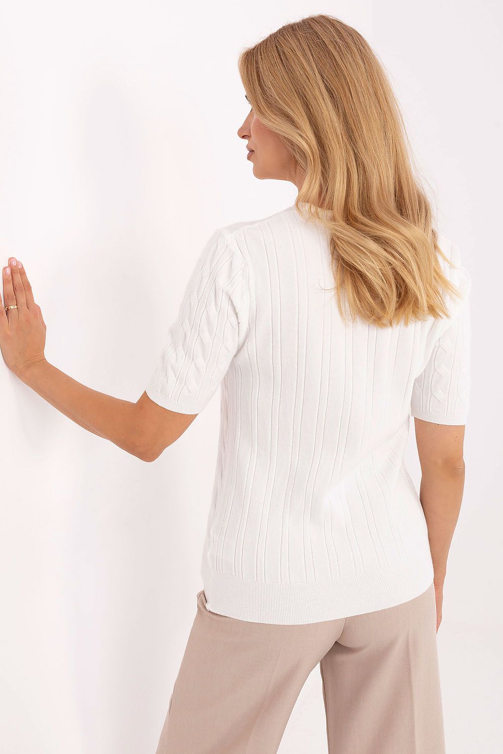 Stylish short sleeve V-neck women's sweater by Factory Price, perfect for enhancing work and casual looks with its elegant texture.