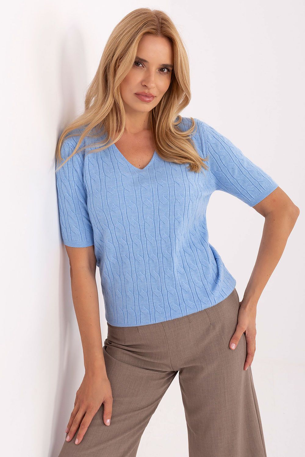 Stylish and comfortable short sleeve sweater for women by Factory Price, featuring a classic V-neckline that enhances casual and business attire.