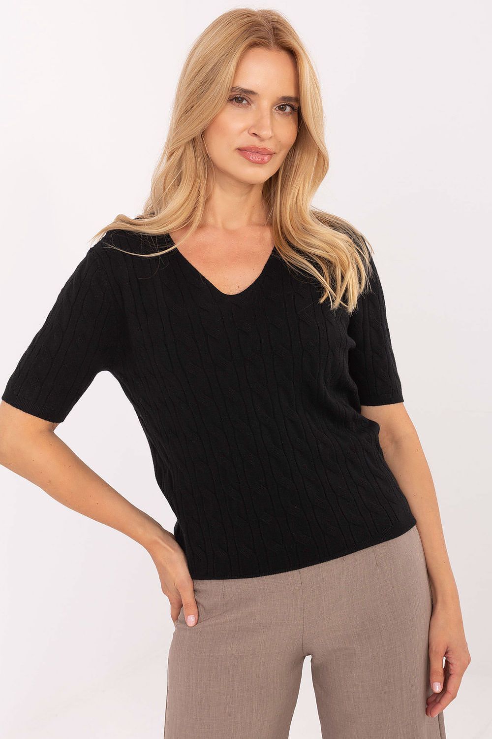 Detail of the luxurious fabric and texture of the casual V-neck women's sweater designed by Factory Price, perfect for work or everyday wear.