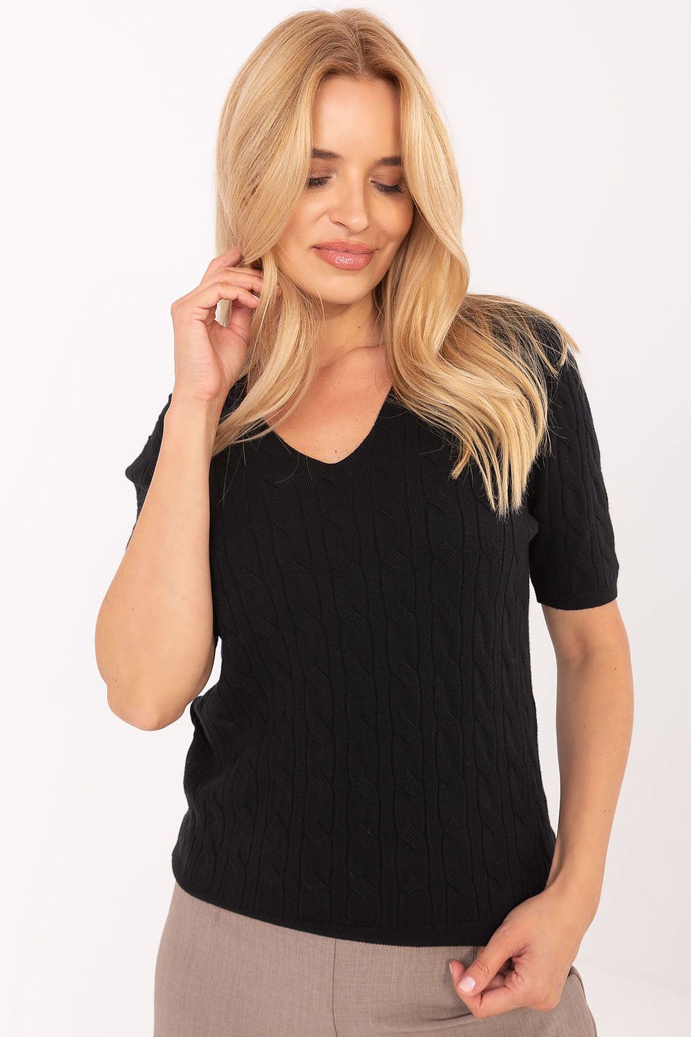 Chic styling of the short sleeve V-neck women's sweater from Factory Price, ideal for versatile outfits in a professional setting.