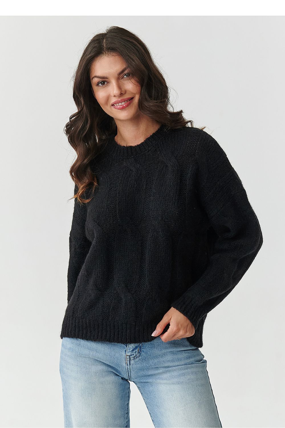 Luxurious women's Jumper by Makadamia in soft mohair blend showcasing knitted braided design, perfect for elegant casual wear.