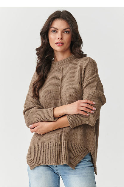 Makadamia Women's Acrylic Jumper in beige mélange, showcasing relaxed fit and stylish wide ribbed cuffs, perfect for luxury casual wear.