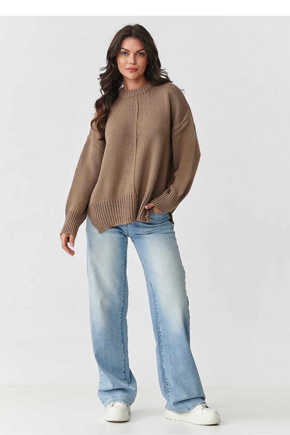 Elegant Makadamia Women's Acrylic Sweater in cappuccino, featuring soft texture and charming design details for a sophisticated look.
