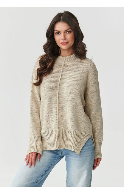 Chic Makadamia Women's Acrylic Sweater in grey mélange, ideal for layering over elegant trousers or pairing with jeans for luxury style.