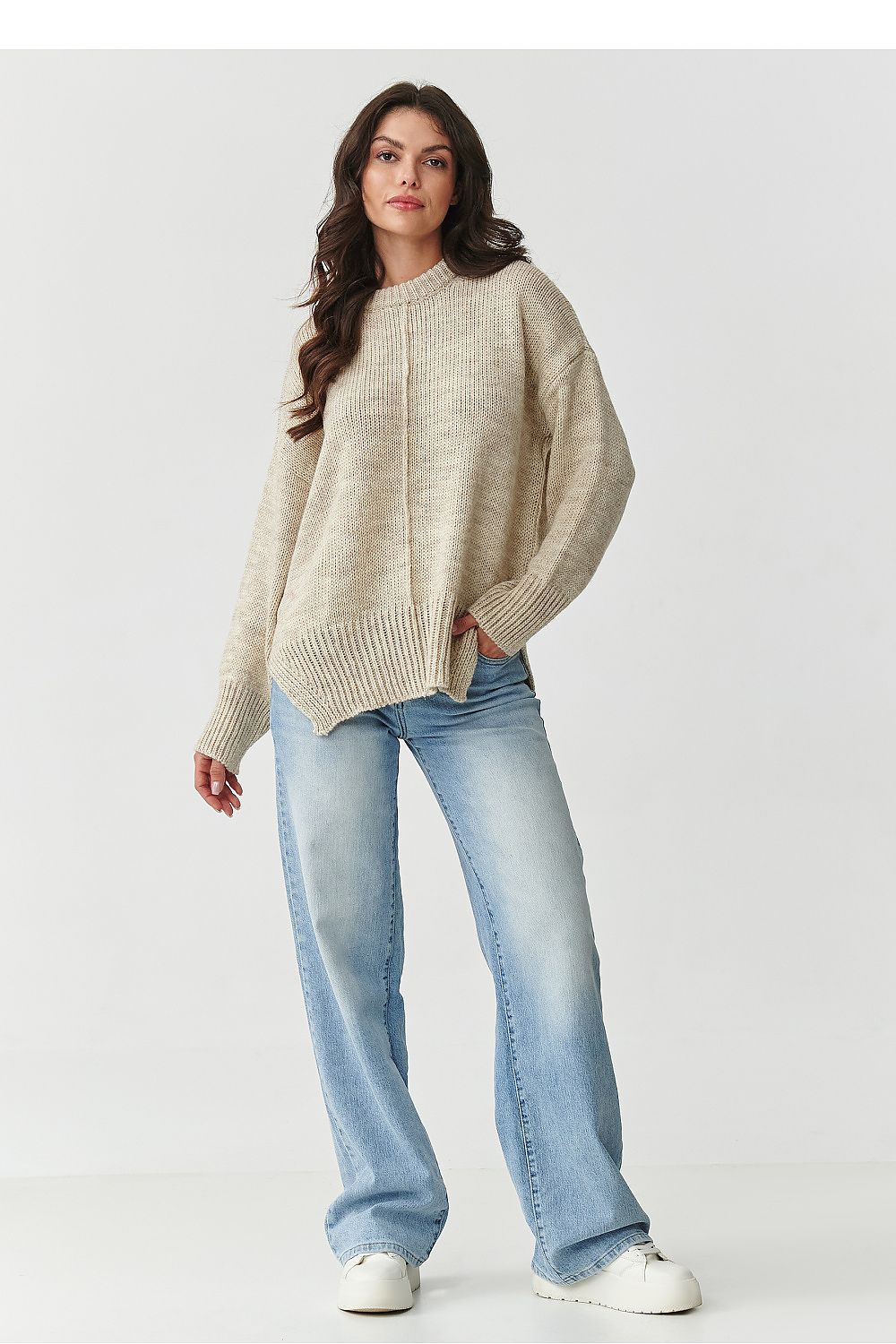 Stylish Makadamia Women's Jumper in a versatile colour, with detailed stitching and wide ribbed cuffs, embodying luxury and comfort.