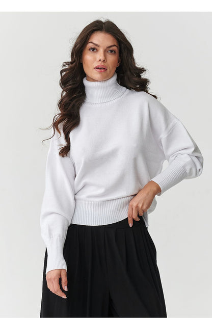 Elegant Women's Oversized Turtleneck Sweater by Makadamia in soft viscose blend, showcasing luxurious drape and style.