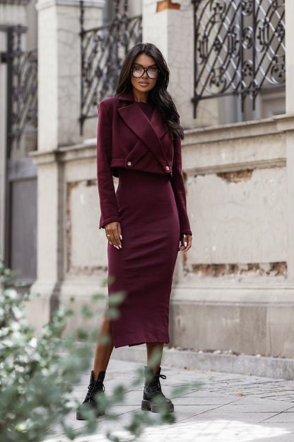 Elegant LaBalancia burgundy blazer and stylish dress set in sizes S, M, L, perfect for sophisticated women's fashion.