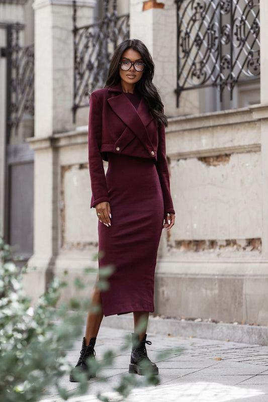 Elegant LaBalancia burgundy blazer and stylish dress set in sizes S, M, L, perfect for sophisticated women's fashion.