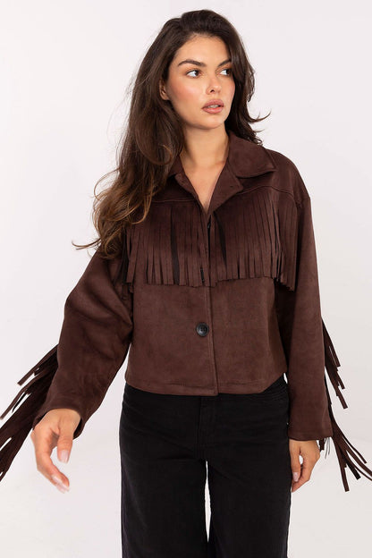 Elegant long sleeve women's transitional jacket featuring trendy fringes, designed by Factory Price for casual everyday style.