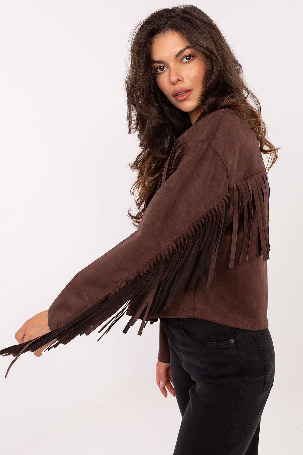 Stylish women's transitional jacket with unique fringe detailing, perfect for autumn, winter, and spring, brought to you by Factory Price.