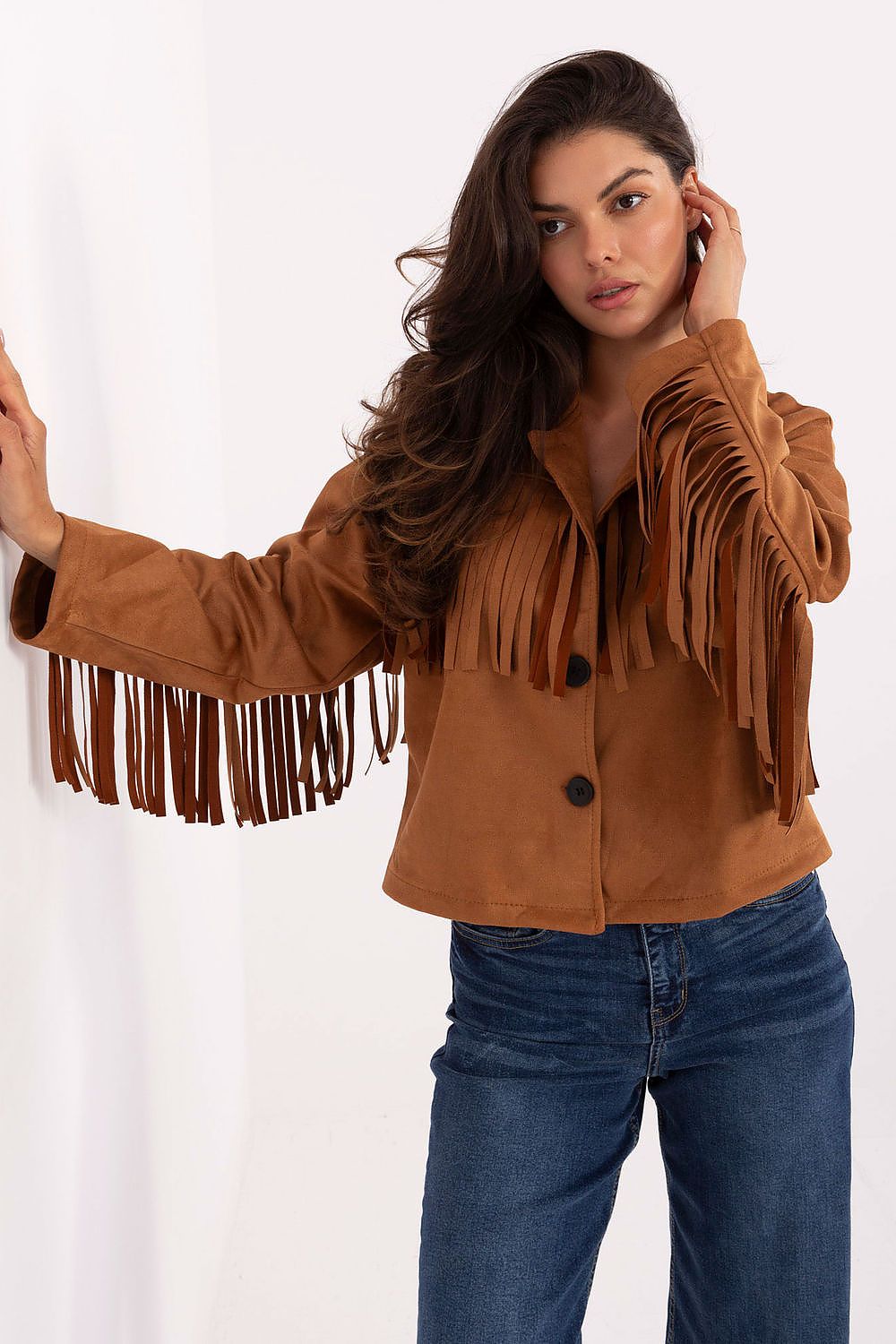 Elegant close-up of long sleeve Women's Transitional Jacket with fringes, showcasing comfort and style from Factory Price.