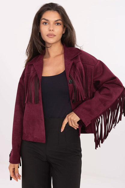 Stylish Women's Transitional Jacket in an urban setting, featuring long sleeves and trendy fringes from Factory Price, perfect for any outfit.