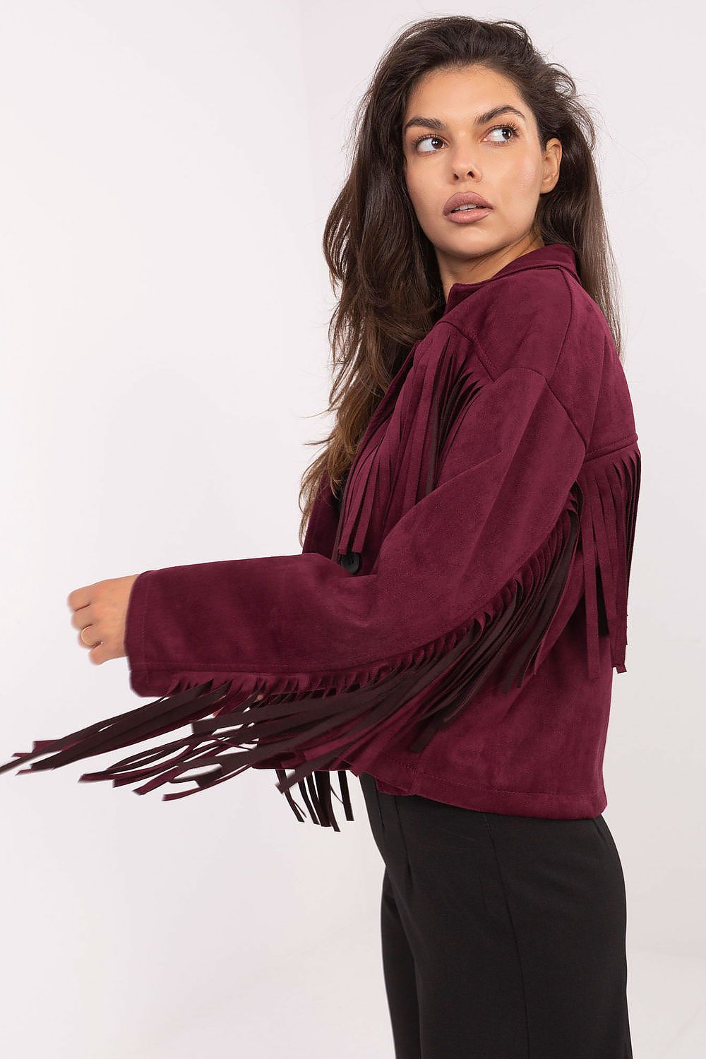 Luxurious women's transitional jacket featuring trendy fringes, perfect for casual everyday wear by Factory Price.