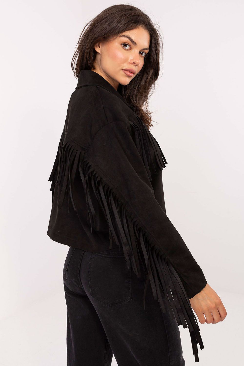 Sophisticated women's jacket with long sleeves and fashionable fringes, a statement piece by Factory Price.