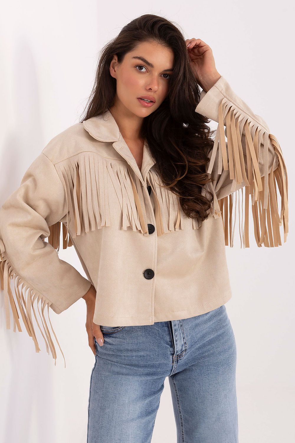 Stylish long sleeve women's transitional jacket featuring trendy fringes, ideal for casual everyday wear by Factory Price.