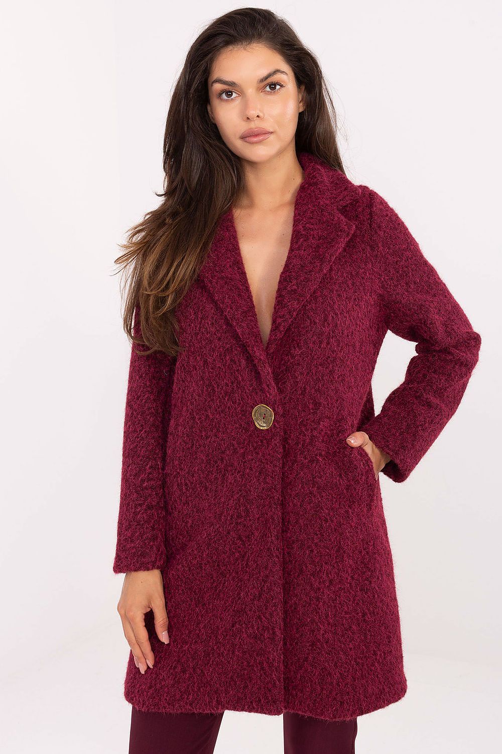 Elegant knee-length women's coat in polyester with a subtle furry effect, designed by Factory Price, perfect for autumn and winter styling.