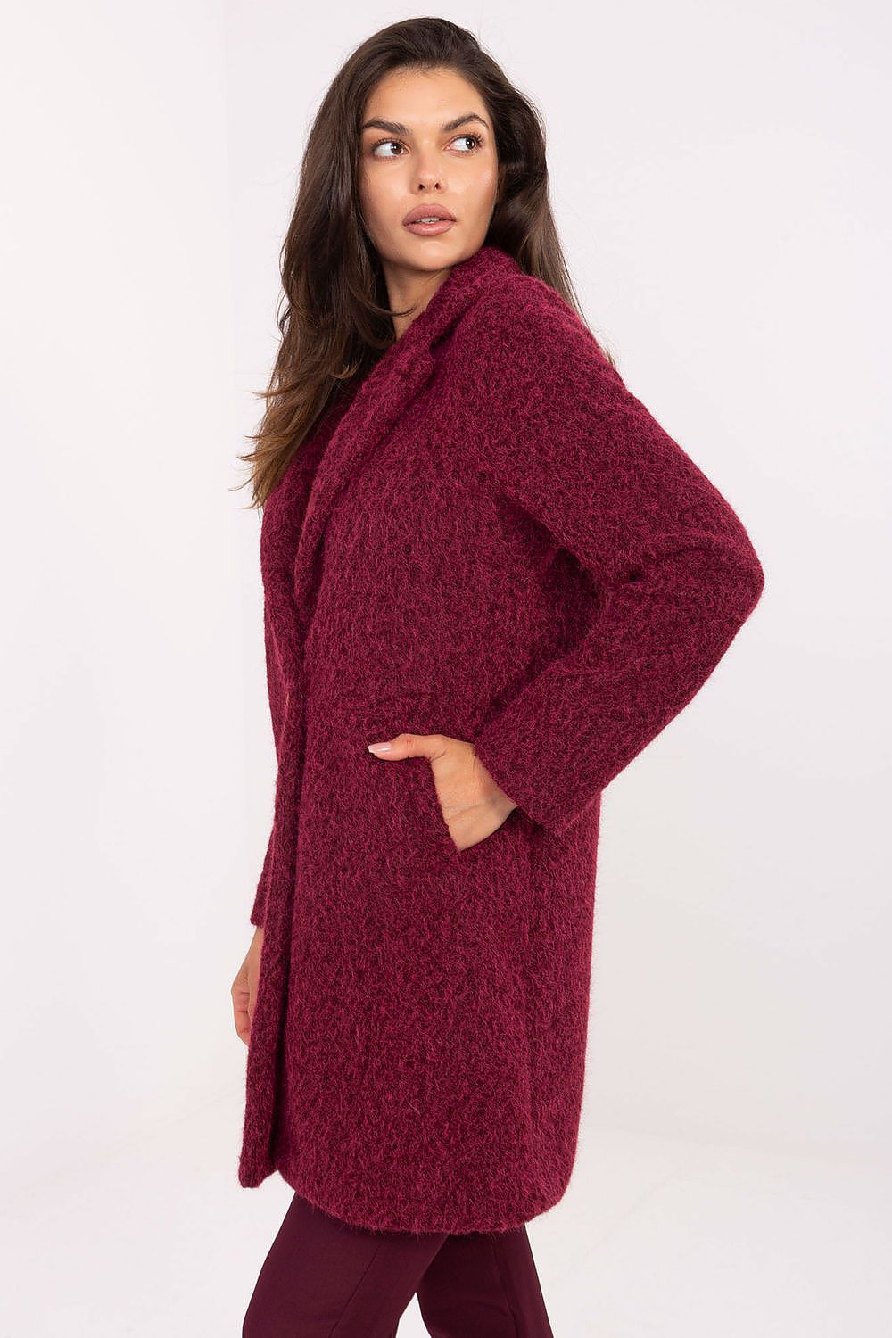 Elegant knee-length women's polyester coat with a furry effect, crafted by Factory Price, ideal for autumn and winter attire.