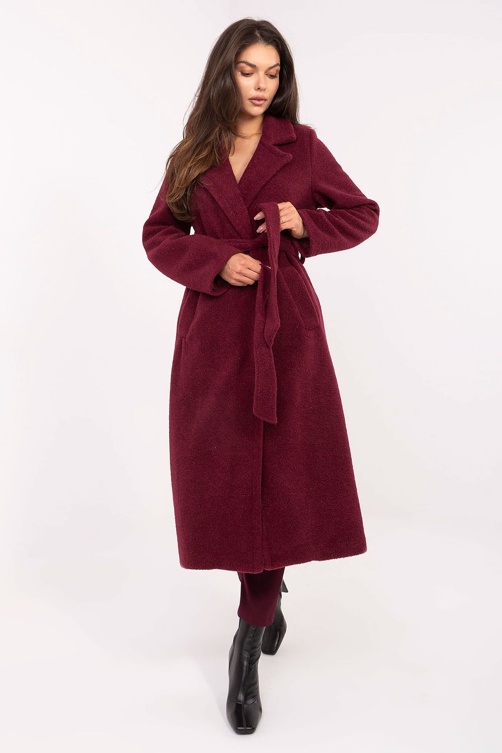Luxurious women's boucle coat with tie belt in EU 0 size by Factory Price, showcasing its elegant double-breasted design and soft-textured fabric for autumn and winter wear.