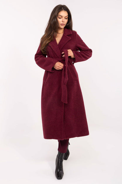 Luxurious women's boucle coat with tie belt in EU 0 size by Factory Price, showcasing its elegant double-breasted design and soft-textured fabric for autumn and winter wear.