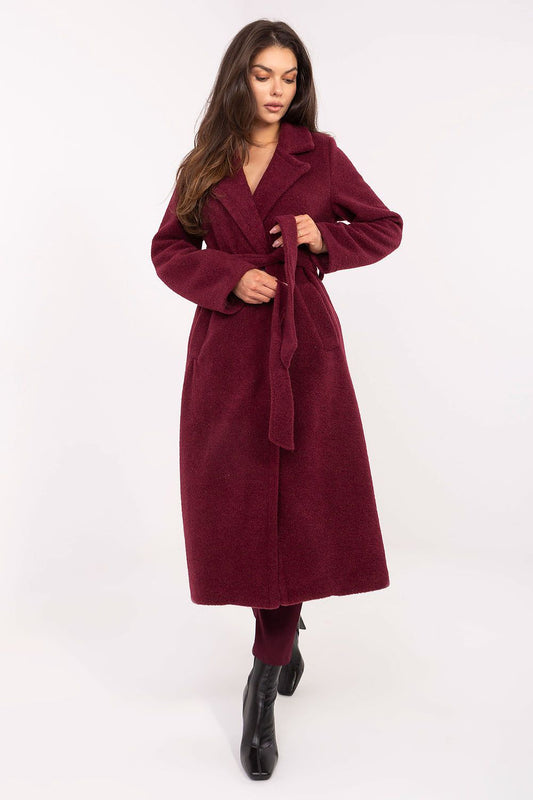 Luxurious women's boucle coat with tie belt in EU 0 size by Factory Price, showcasing its elegant double-breasted design and soft-textured fabric for autumn and winter wear.