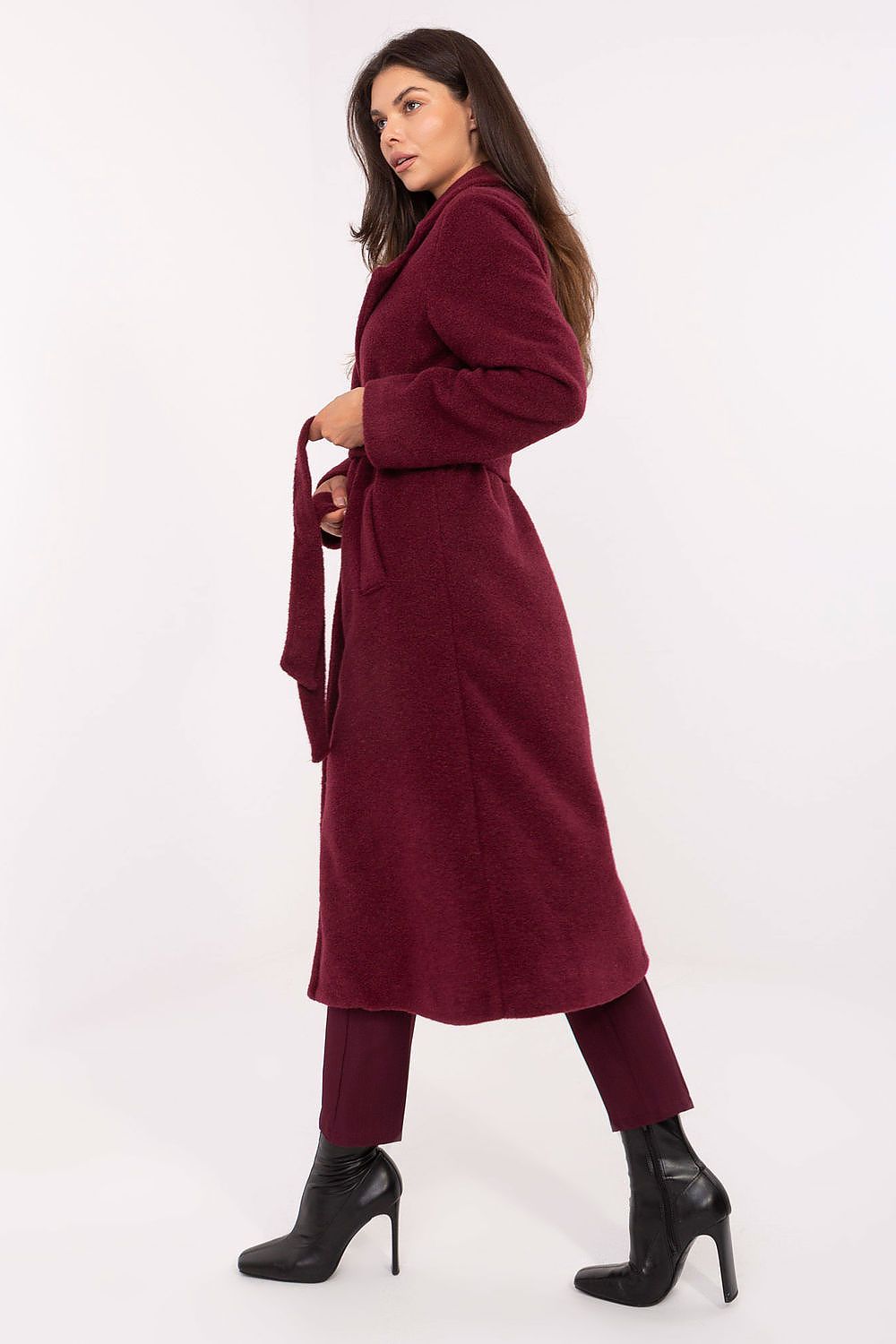 Chic double-breasted boucle coat featuring a stylish tie belt, designed by Factory Price, perfect for sophisticated autumn and winter layering.