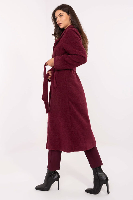 Chic double-breasted boucle coat featuring a stylish tie belt, designed by Factory Price, perfect for sophisticated autumn and winter layering.