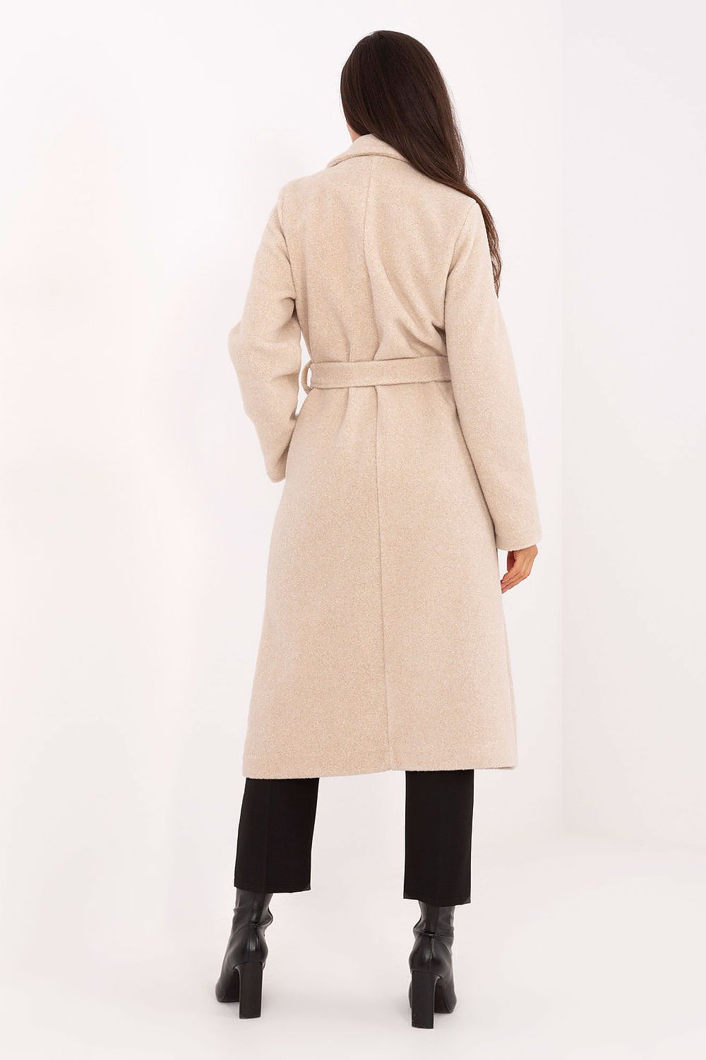 Elegant women's boucle coat with tie belt, double-breasted style, showcased by Factory Price in a stylish autumn/winter setting.