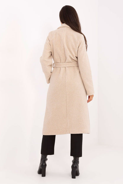 Elegant women's boucle coat with tie belt, double-breasted style, showcased by Factory Price in a stylish autumn/winter setting.