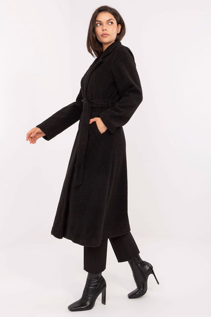 Elegant women's boucle coat with tie belt in size EU 0, ideal autumn and winter cover-up from Factory Price. Featuring double-breasted design and stylish lapels, perfect for transitional outfits.