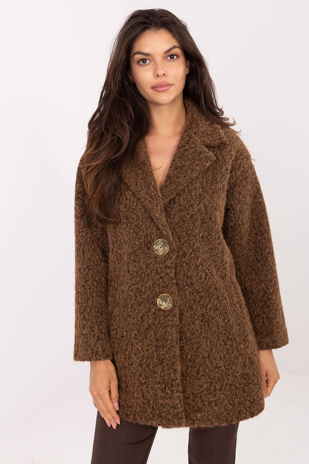 Elegant mid-thigh women's coat by Factory Price, made of 100% polyester, featuring long sleeves and a classic single-breasted design, ideal for transitional autumn and winter wear.