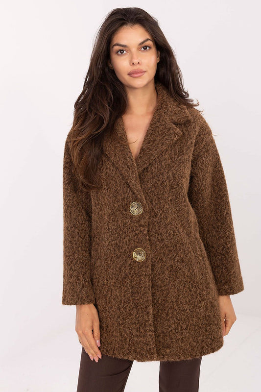 Elegant mid-thigh women's coat by Factory Price, made of 100% polyester, featuring long sleeves and a classic single-breasted design, ideal for transitional autumn and winter wear.