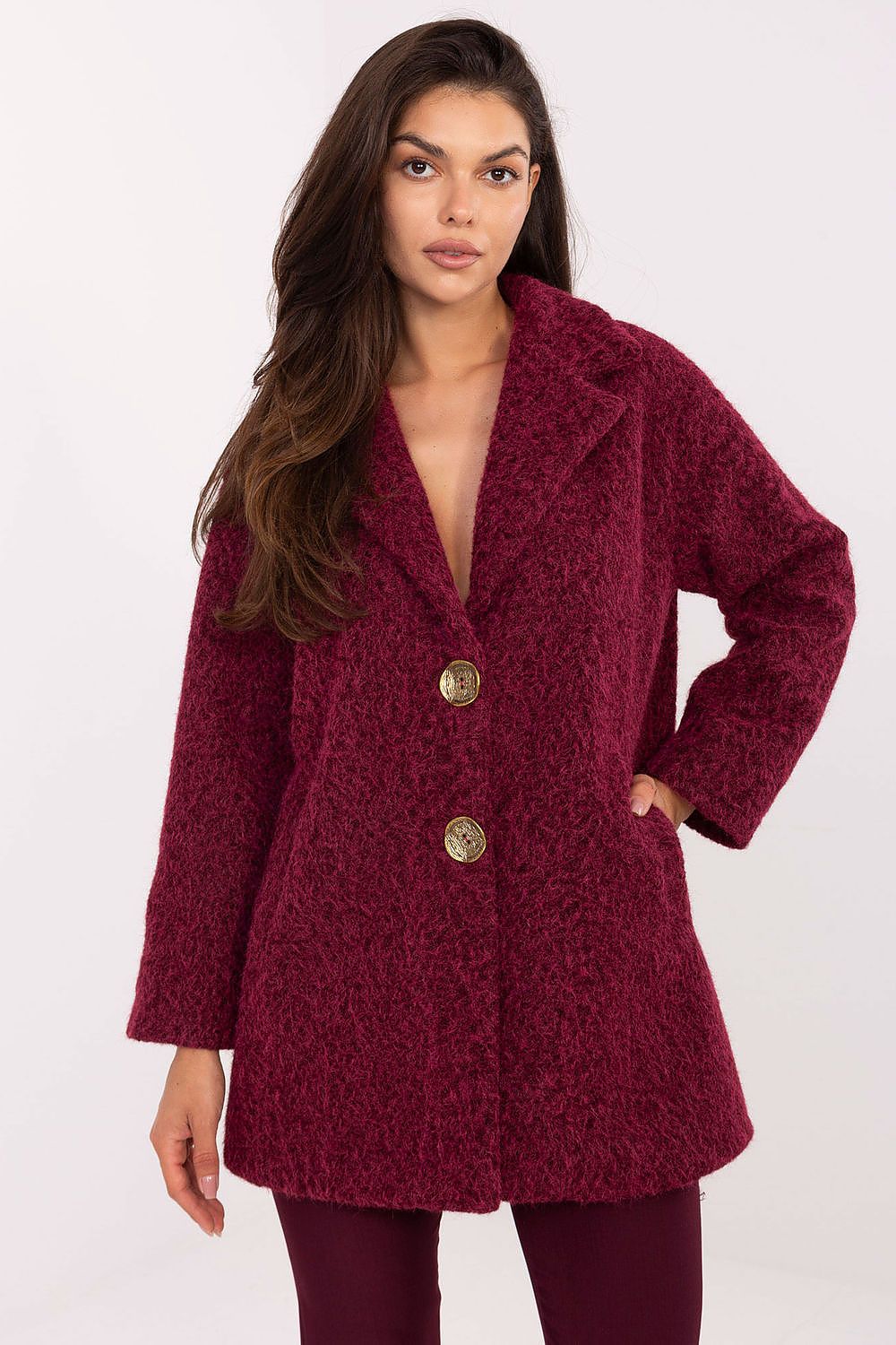 Elegant mid-thigh women's coat by Factory Price, crafted from high-quality polyester, featuring long sleeves and a classic button fastening, perfect for transitional autumn winter wear.