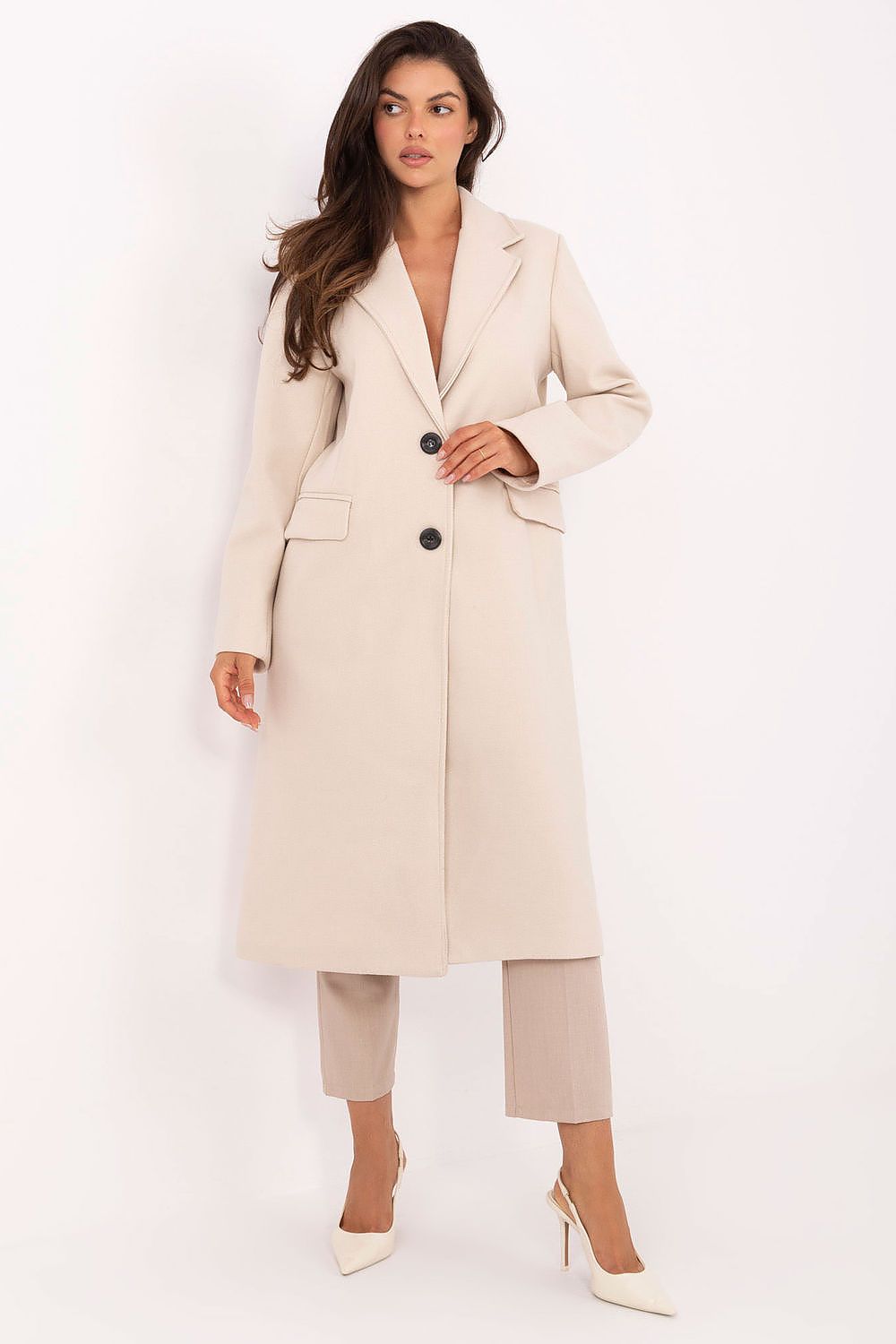 Elegant women's long cut coat from Factory Price, featuring shoulder pads and notched lapels, perfect for sophisticated styling.