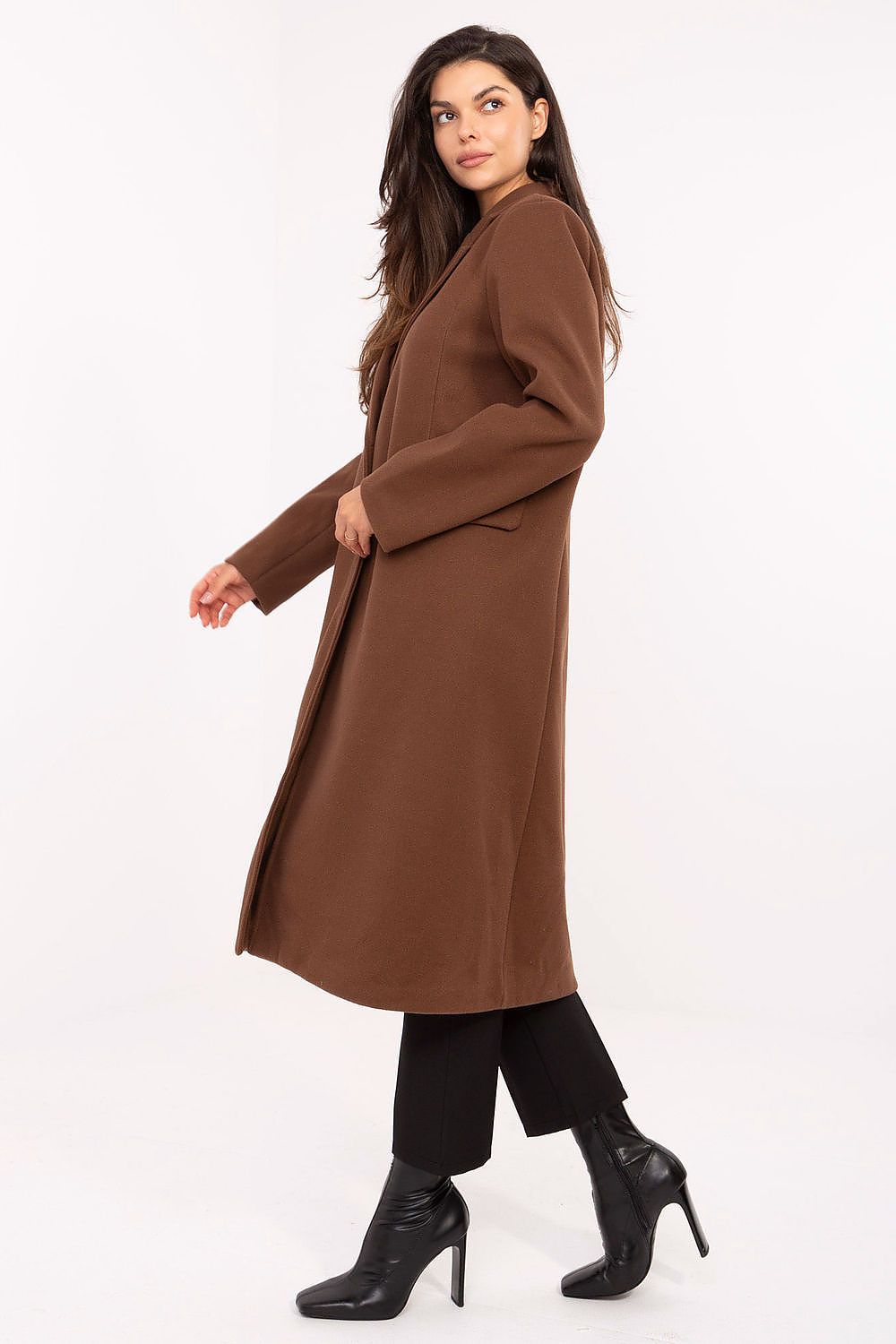 Elegant women's long cut coat with shoulder pads and notched lapels, crafted in smooth polyester, by Factory Price.