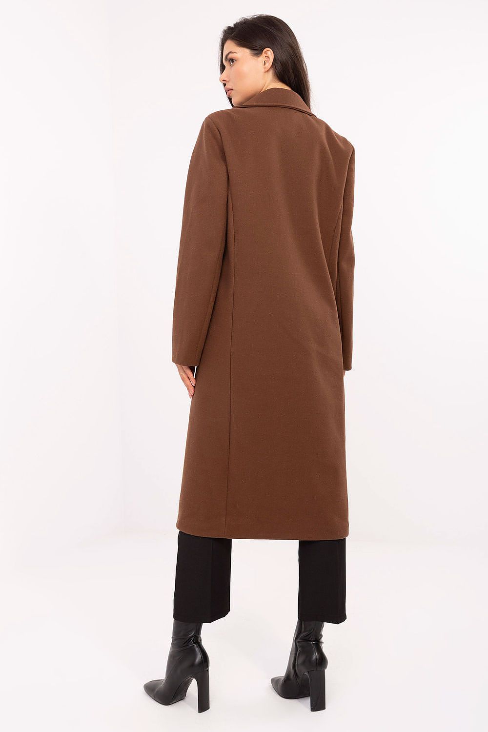 Sophisticated women's long coat showcasing defined shoulder pads and classic lines, designed by Factory Price.